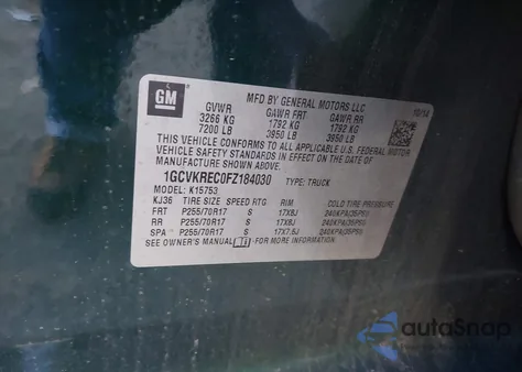 2015 Chevrolet Silverado 1500 1Lt z USA, uszkodzony, nr VIN 1GCVKREC0FZ184030